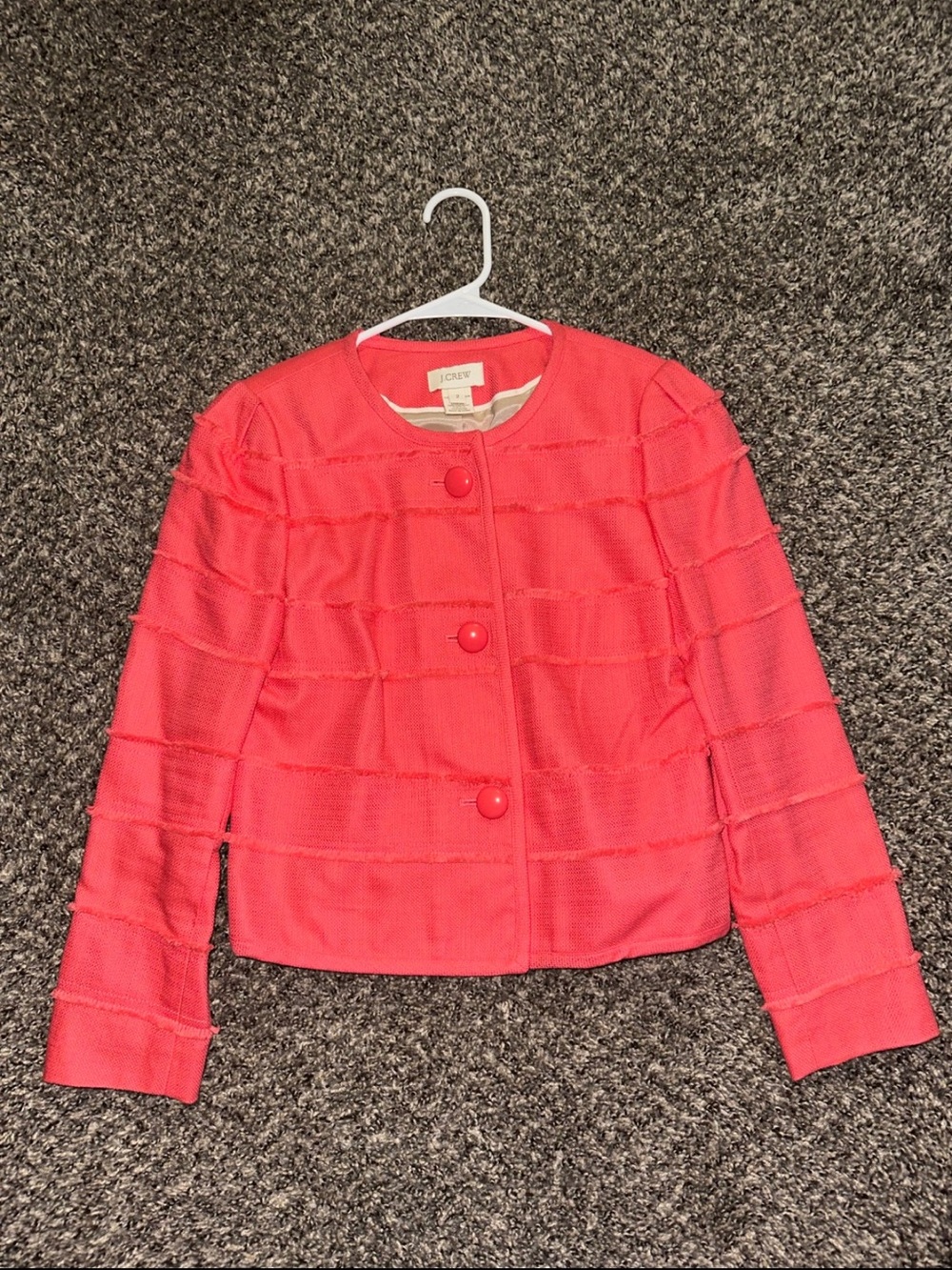 Blazer J Crew Coral Blazer with Textured Ribbing Cotton Fray Fringe Collarless 2